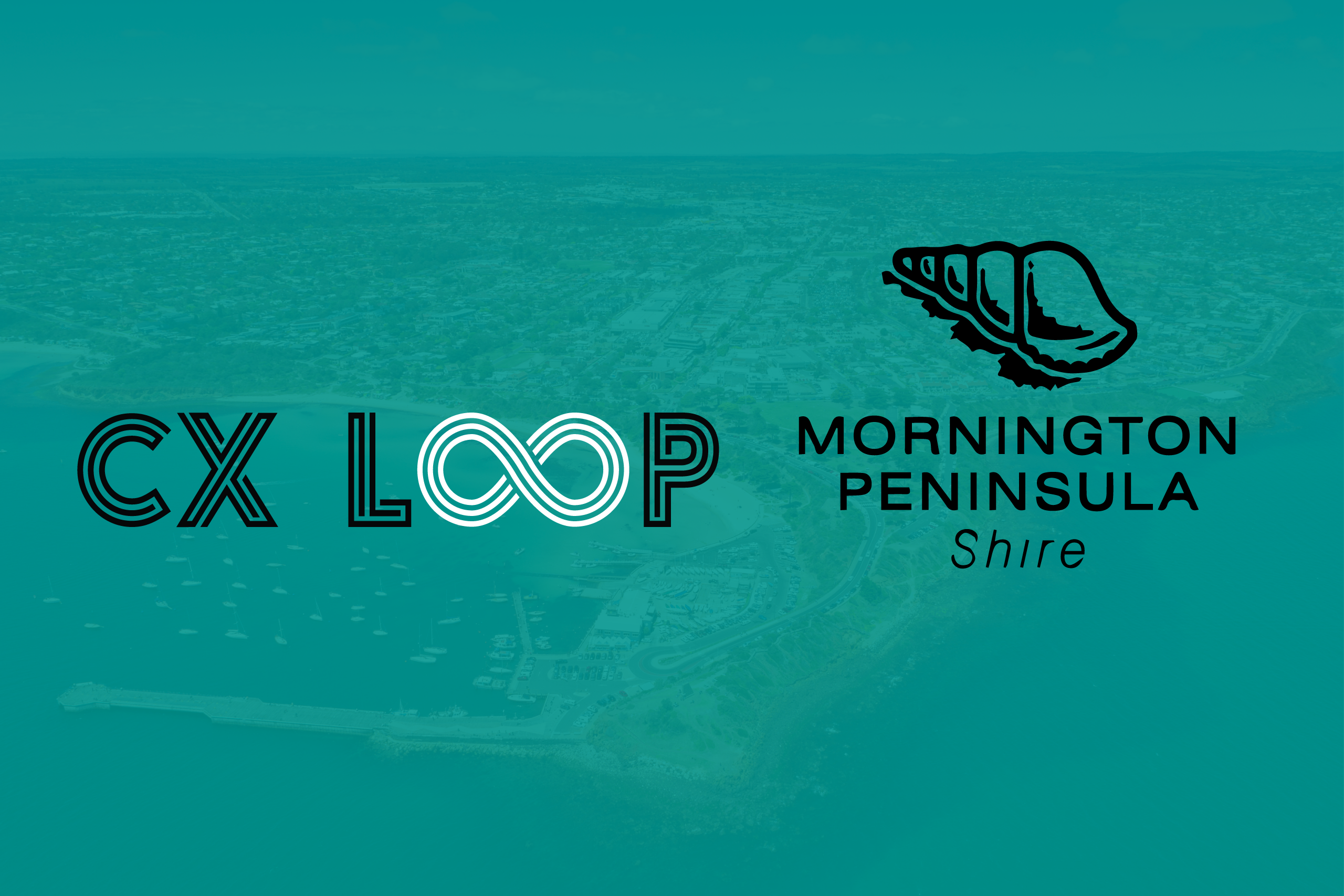 The CX LOOP logo next to The Mornington Peninsula Shire Logo on a green background overlaying an aerial shot of the Mornington peninsula.